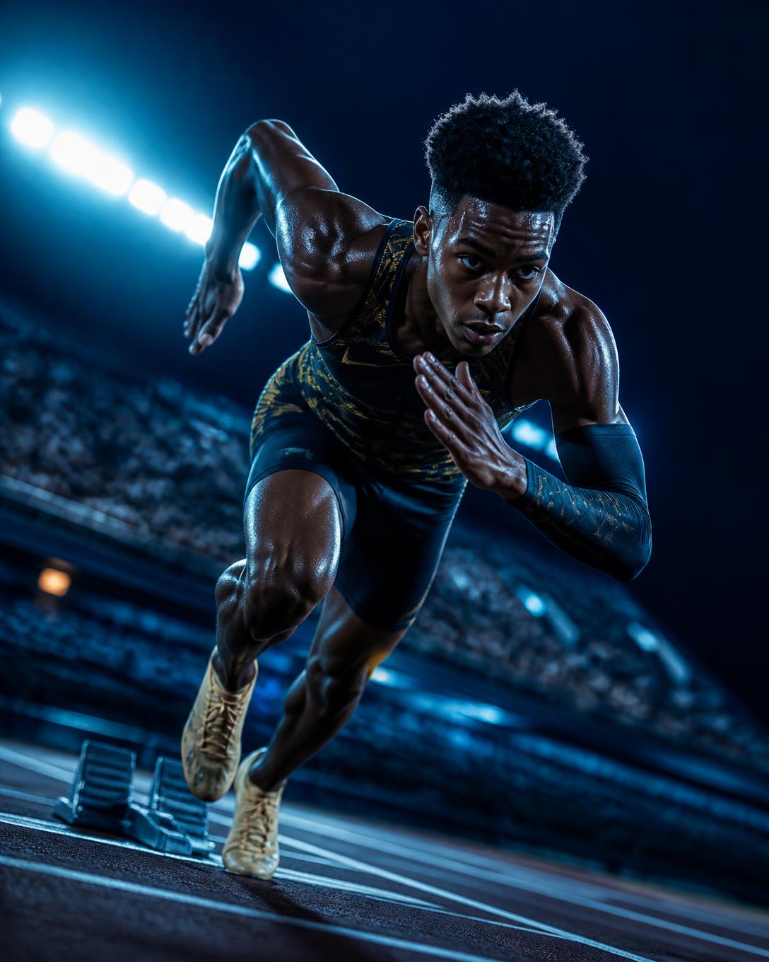 Young sprinter launching from the blocks under stadium lights